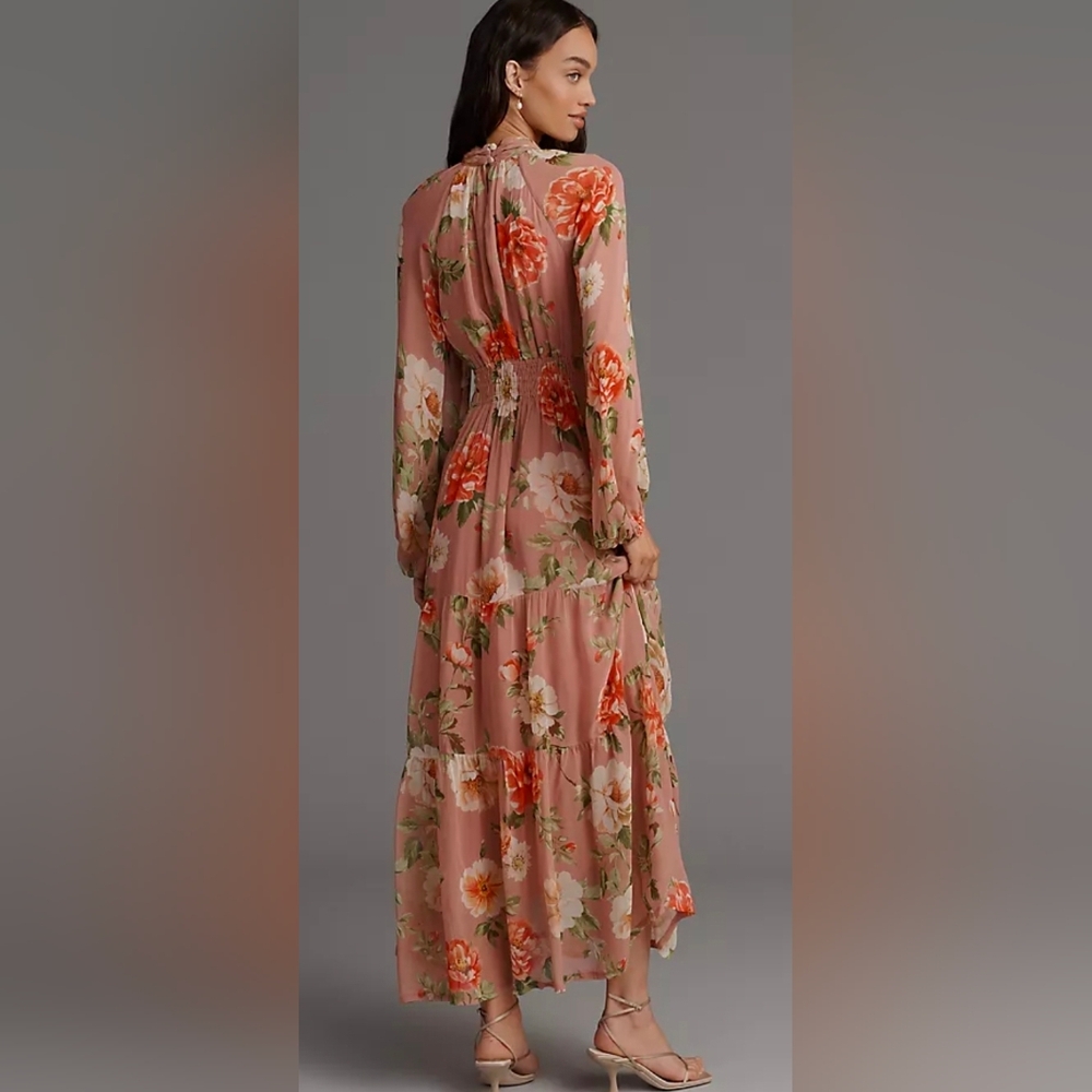Anthropologie Somerset Long Sleeve Mock Neck Chiffon Pink Floral Maxi Dress - Picture 2 of 16
